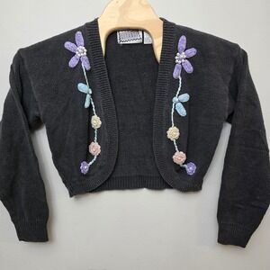 Vintage Gitano Cardigan Women Medium Black 90s Cropped Floral Applique Pearl